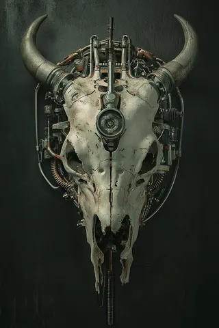 Symmetrical frontal cow skull integrated with mechanical parts, tubes, and cables on a dark grey background in a hyperrealistic style.