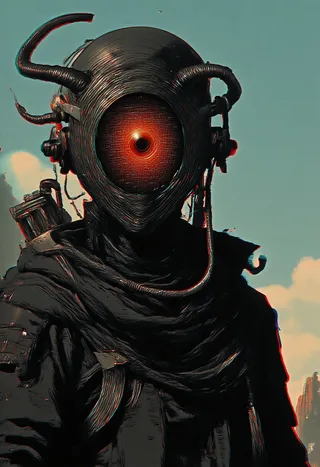 A futuristic cyber scout wearing dark mechanical armor with translucent horns and a glowing circular display on the faceplate, rendered with a stereoscopic red and green 3D anaglyph effect against a bleaked cyan-blue sky background.