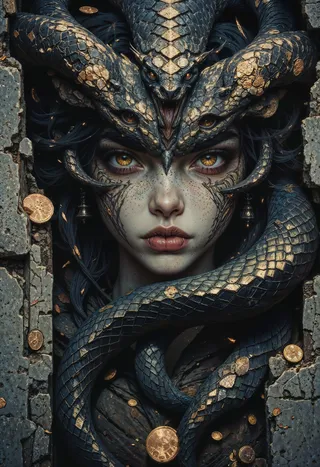 A striking gorgon with golden eyes and serpentine hair made of coiling snakes with detailed scales, set against blurred ancient stone temple ruins.