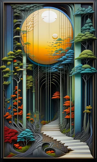 A surrealistic artwork featuring a large glowing orb surrounded by stylized trees with colorful foliage and a winding curved pathway, rendered in Patrick Seymour's and wabi sabi artistic styles.