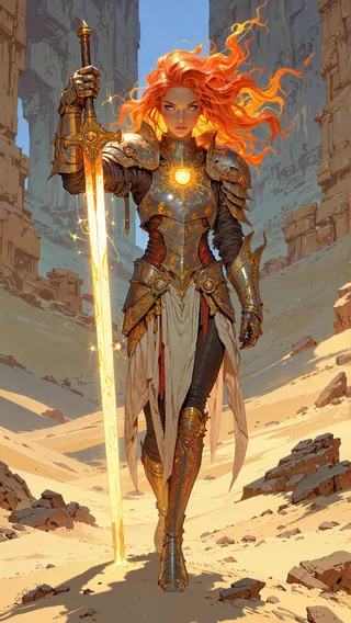 Zacięty Fire Genasi Sun Paladyn stoi w oświetlonym słońcem kanionie pustynnym, dzierżąc świecący ognisty długi miecz i ubrany w misterną złotą zbroję z promienistymi motywami słońca.