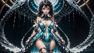 A hyper realistic biomechanical girl with blue liquid dress and water magic effects, featuring detailed robotic elements and cinematic lighting.
