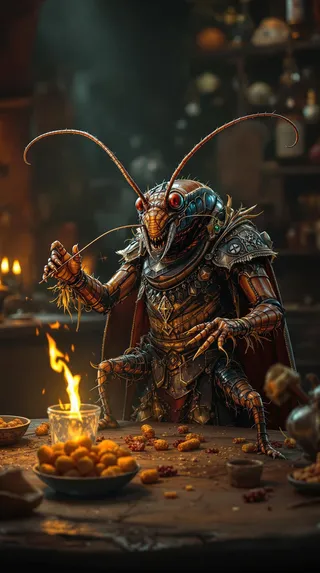 Ultra-photorealistic depiction of a cockroach bard in intricate armor performing at a tavern table lit by firelight, surrounded by food and scattered crumbs.