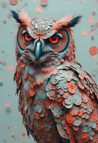 A close-up of a modern owl with feathers resembling recycled reflective metal and glass discs, against an abstract background symbolizing ecology and renewal.