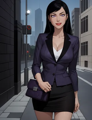 Lois Lane standing confidently on a city street wearing a purple blazer, black skirt, and holding a purple handbag, with purple eyes and long black hair.