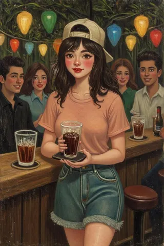 A young barmaid wearing a peach T-shirt and backwards baseball cap serves drinks in a lively bar decorated with colorful hanging lights, surrounded by patrons.