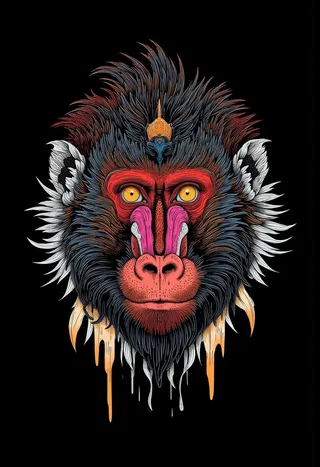 Highly detailed digital illustration of a mandrill's head with vibrant red face, yellow eyes, intricate black and white patterns, and feathered fur texture on black background.