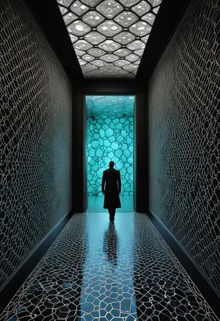 A silhouette of a lone figure in a long coat stands at the end of a corridor adorned with hexagonal carbon lattice patterns that cover the walls, floor, ceiling, and backlit doorway in blue hues, creating a surreal and abstract atmosphere.