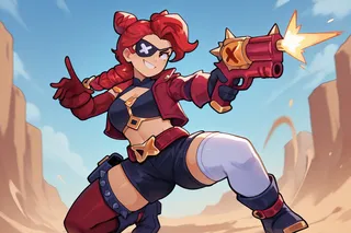 Animated female character with red hair in fighting stance, wearing a red jacket and eyepatch, firing dual guns in desert landscape