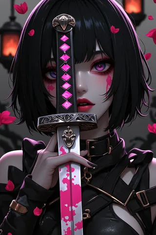 Close-up of a young woman with black chin-length hair holding a katana with pink engravings, bloodstains on her pale skin and sword, surrounded by pink petals and dramatic lighting.