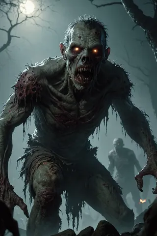 Ultra realistic zombie with glowing eyes and decayed flesh, crouching menacingly in a dark forest under moonlight, with monsters in the background.
