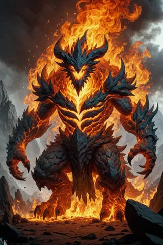 A towering fire elemental fantasy monster with molten lava and flame body, surrounded by volcanic rocks under cinematic lighting.