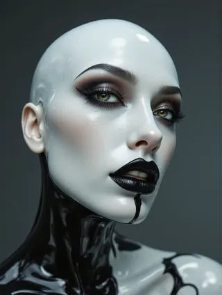 Close-up of a ceramic female supermodel with glossy white skin and black oil flowing down, featuring bald head, deep eyes, and dark contrasting lips.