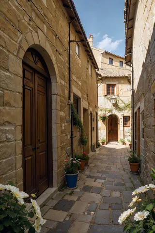 Narrow cobblestone street in an Italian village lined with stone buildings, wooden doors, flower pots, and illuminated by natural sunlight.