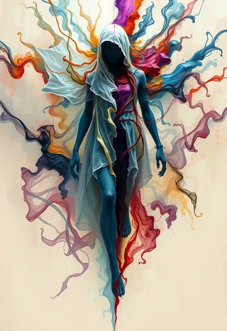 A ghostly figure with a flowing white hooded cloak and dark blue skin surrounded by swirling vibrant colored ink and liquid textures in a surreal digital painting.