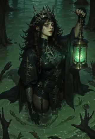 A gothic swamp witch stands waist-deep in murky waters, wearing a twisted bone crown and dark robes, holding a lantern glowing with green fireflies surrounded by skeletal hands.