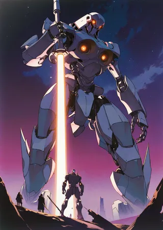 A giant mecha robot in battle stance holding a glowing sword, illuminated by moonlight at night with a smaller robot and figures in the foreground.