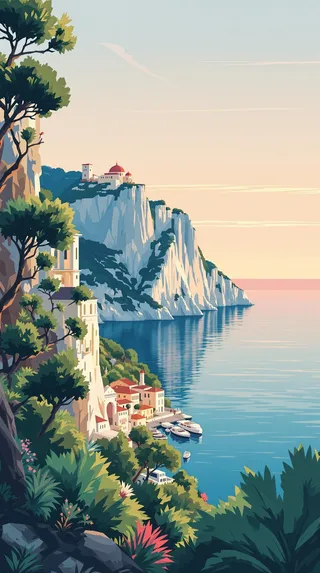 Modern art deco style illustration of Cap Canaille cliffs and Mediterranean inlet at magic hour, featuring bold contrasts, chalky whites, subdued greens, and azure blues.