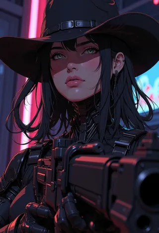 Anime-style cybernetic cowgirl with a cowboy hat aiming a machine gun, illuminated by neon lights in a futuristic farm setting with chiaroscuro contrast.