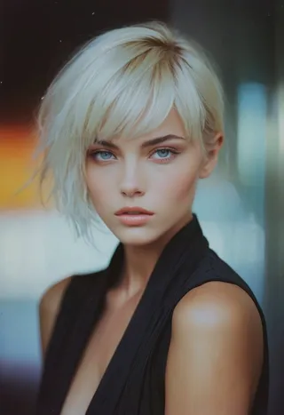 Close-up photographic portrait of a young blonde woman with striking blue eyes, bleached hair styled with expressive bangs, and detailed realistic skin, set against a softly blurred futuristic city background.