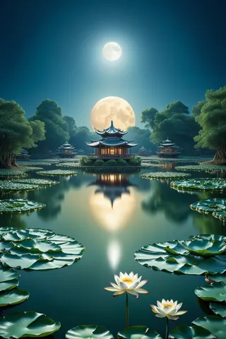 Tranquil lotus pond at night with glowing full moon, traditional pagoda reflected in water, surrounded by water lilies and large trees