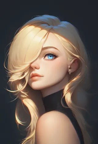 Anime-style illustration of a solo blonde girl with big blue eyes and a smirk, hair covering one eye against a black background.