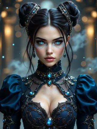 Hyper-realistic portrait of a young neo-gothic princess with striking blue eyes, black hair styled into buns adorned with blue gemstones, wearing an ornate dark navy gown embellished with blue jewels.