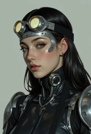 Close-up portrait of a female futuristic robot ninja with metallic faceplate and glowing round goggles, wearing cybernetic armor.