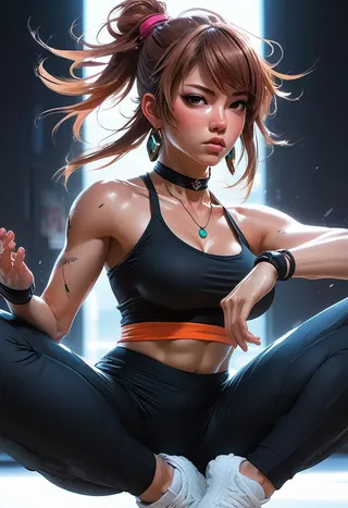 Anime girl in a dynamic fighting stance wearing black yoga pants and a black crop top with a choker necklace and earrings, with her hair tied up in a ponytail.