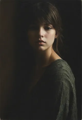Portrait of an emo girl with dark tan olive skin, softly lit from the side against a dark background, rendered in an oil painting style.