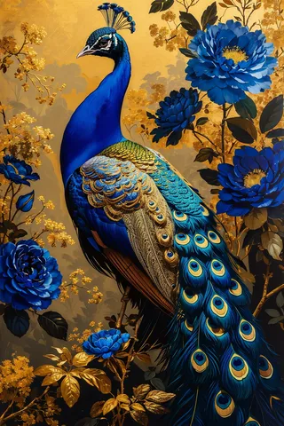 A vibrant peacock with blue and gold feathers perched among large blue flowers and golden leaves on a golden background, rendered in ultra-detailed style.
