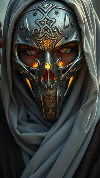 Close-up portrait of a nun wearing an intricately engraved ornate metal mask with warm glowing orange eyes, draped in soft gray fabric with cinematic lighting.