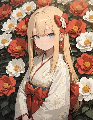 Blonde girl with blue eyes wearing a floral kimono and red bows in her hair stands smiling against a background filled with red and white flowers.