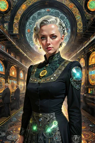 Portrait of a historical inventor wearing kaleidoscopic space-age attire with intricate holographic details, standing in a futuristic time travel station with glowing clocks and solar-powered devices.