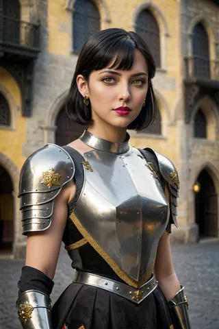 Young medieval dame with short black hair and yellow eyes wearing reinforced brigandine armor and rose velvet lipstick, standing in a medieval town square.