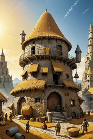 Stone tower with thatched roofs in a prehistoric city, showing dwellers gathering and storing grains under bright sunshine.