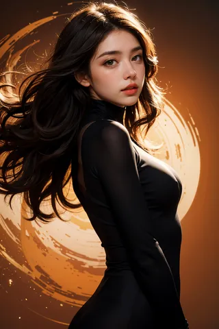 Woman with wavy long hair wearing a black bodysuit, posing against an abstract orange circular background with glowing light accents.
