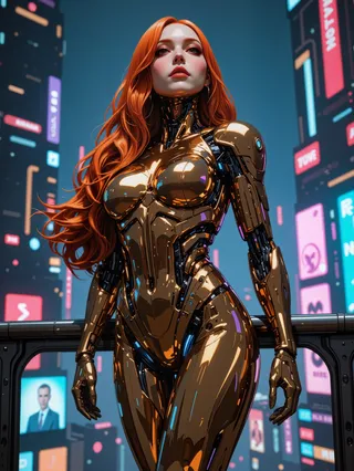 A highly detailed digital painting of a futuristic female android with a luxurious shiny chrome body and flowing red hair standing against a neon-lit cityscape background.