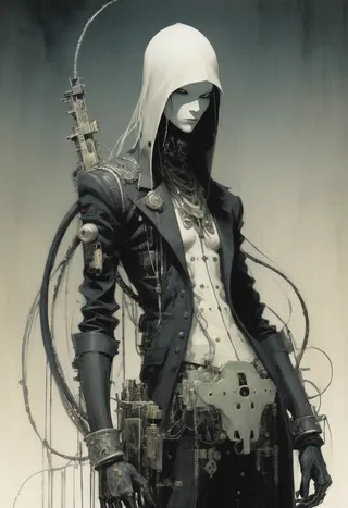 A digitized hacker android with a pale, expressionless face, wearing a hood and a detailed dark coat with mechanical and cybernetic components attached.