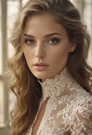 Close-up portrait of a young woman with curly hair, wearing a lace high-neck dress illuminated by natural hard light.