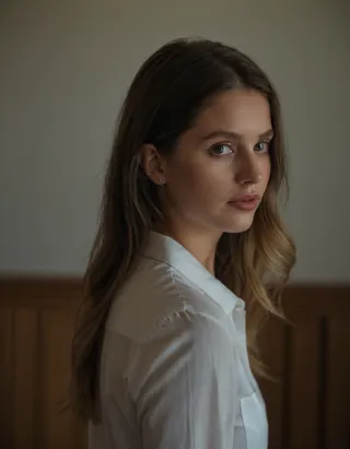Hyper-realistic portrait of a young woman with long hair, wearing a white shirt, gazing softly with subdued lighting and deep shadows in a dimly lit room.