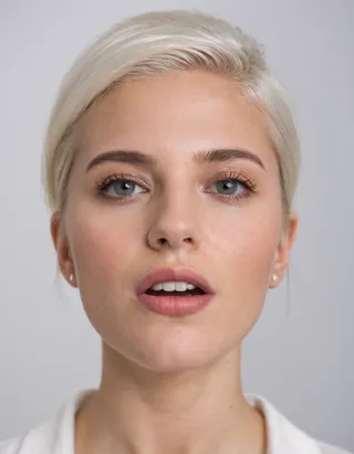 Close-up portrait of a young woman with short blonde hair and white glasses, natural lips parted slightly, against a plain light background.