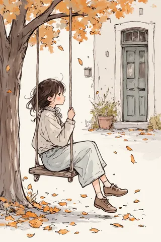 Illustration of a girl sitting on an old swing tied to a tree, surrounded by fallen orange autumn leaves in a quiet courtyard with an old door in the background.