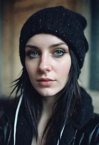 Close-up portrait of a goth girl with pale skin wearing a black winter hat and headphones, captured with a photo-realistic, grainy polaroid style effect.