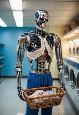T800 endoskeleton robot wearing an old white t-shirt and blue sweatpants, holding a basket of human skin in a laundromat with cinematic lighting.