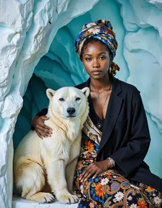 Hyper-realistic portrait of an African woman with a colorful floral dress and headwrap, sitting closely with a polar bear inside an ice cave.