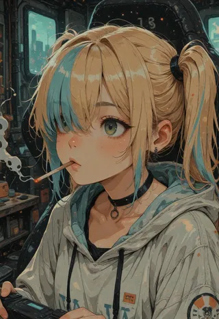Close-up anime girl with green eyes and two toned blonde and blue hair in twintails, wearing an oversized hoodie and black choker, smoking indoors on a gaming chair illuminated by screen light.