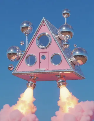 Uma casa triangular rosa flutuante com janelas circulares e esferas reflexivas semelhantes a bolas de discoteca anexadas, com dois motores a jato emitindo explosões de fogo por baixo, contra um céu azul claro.
