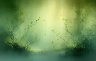 Intricately detailed digital art of floating plants with delicate green branches reaching out in all directions in a zero gravity garden bathed in soft volumetric light.