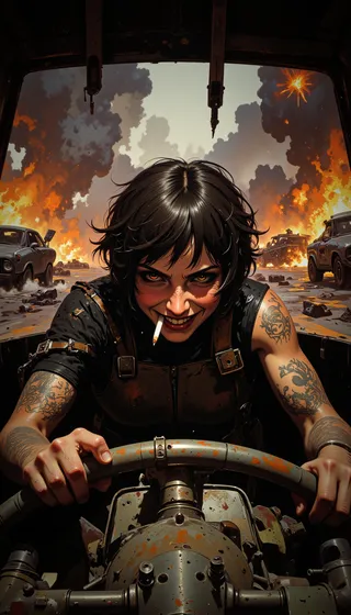 A fierce tattooed woman with a cigarette clenched in her mouth drives a scratched and armored combat vehicle through a fiery battlefield filled with exploding cars and flying debris.